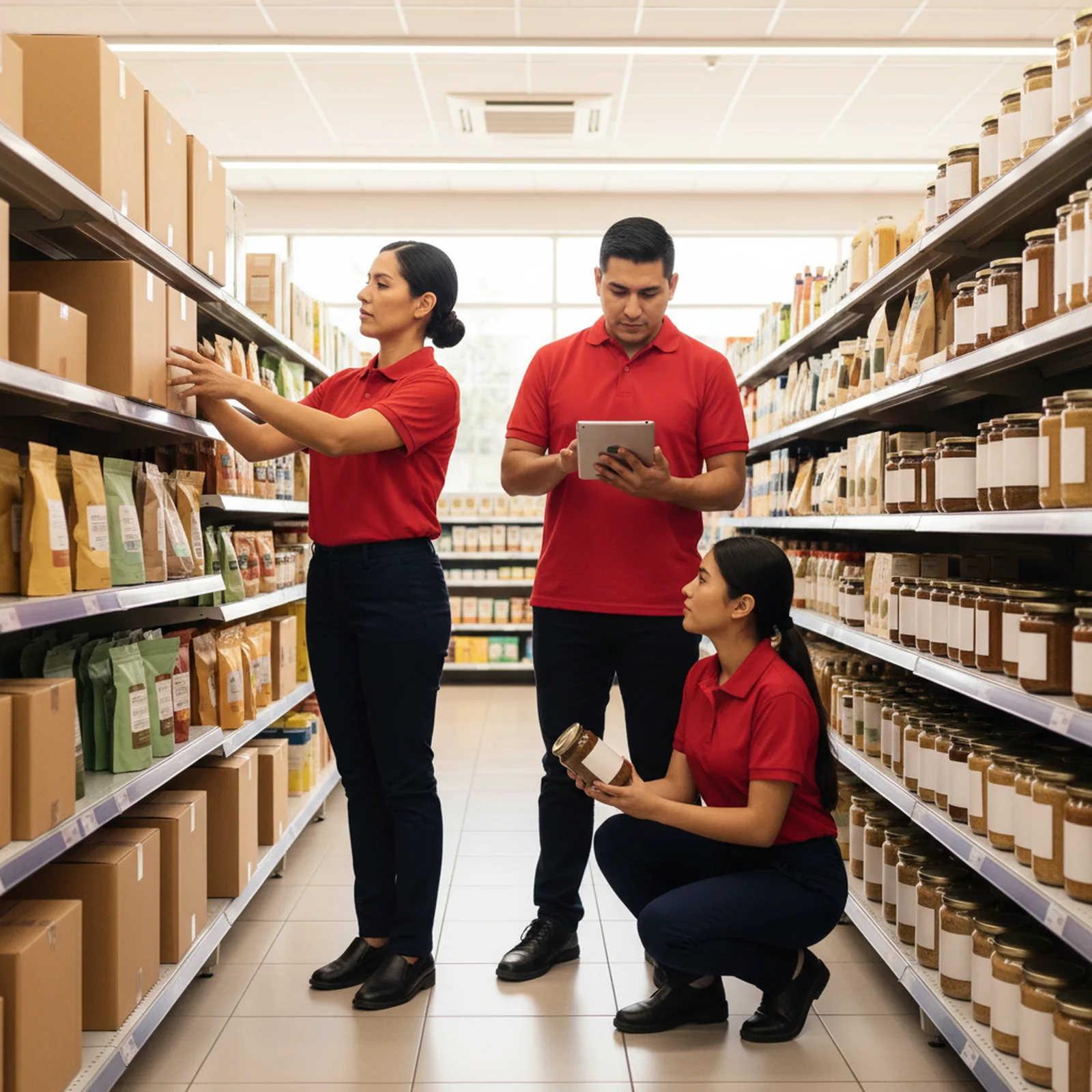 Equipo de promotores de Red Promex coordinados en pasillo de supermercado